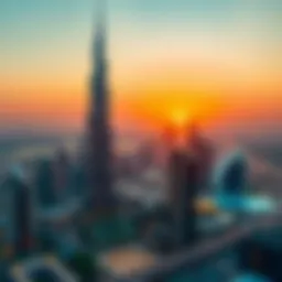 Panoramic view of Burj Khalifa at sunset