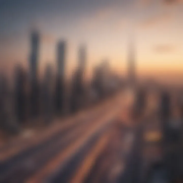 A panoramic landscape depicting Sheikh Zayed Road with Al Wasl Tower in the foreground.