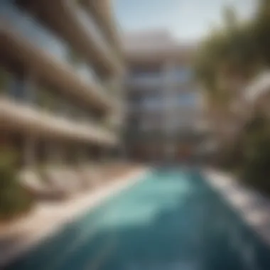 Outdoor pool area of a hotel apartment complex in Dubai