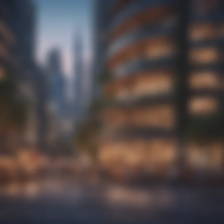 The vibrant lifestyle surrounding Maze Tower with cafes and shops buzzing with activity