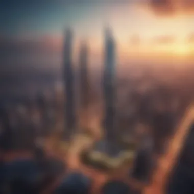 Bloom Towers in the Heart of Dubai's Skyline Aerial view of the Bloom Towers complex amidst the Dubai skyline