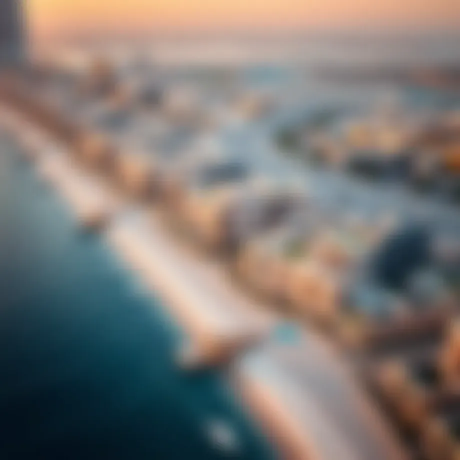 Aerial view of the Palm Jumeirah shoreline showcasing luxury villas and beach areas