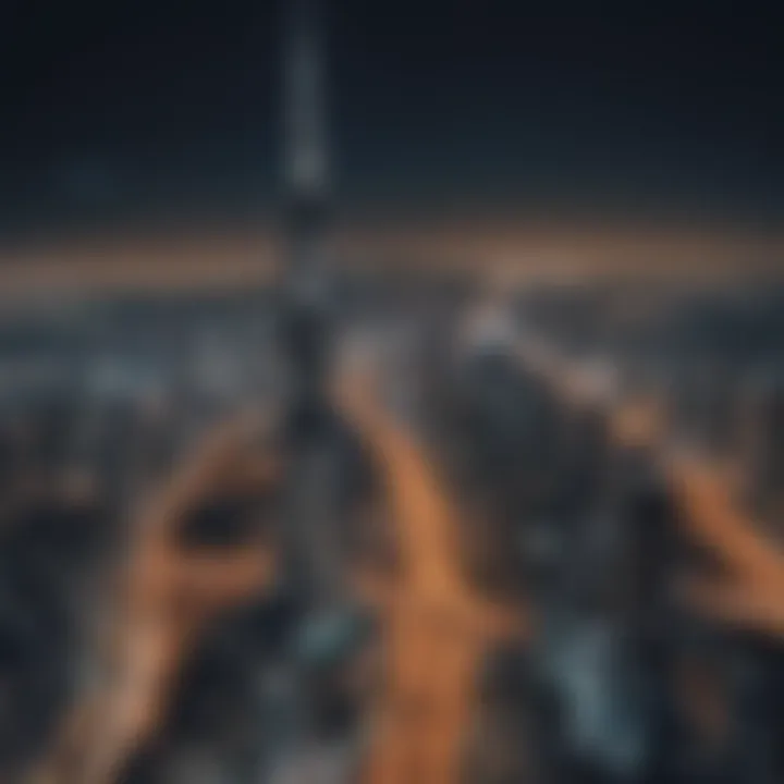 Night view of the Sky Tower illuminated against the Dubai skyline