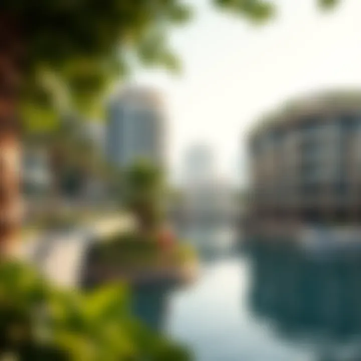 A serene waterfront scene highlighting the lush greenery and recreational areas