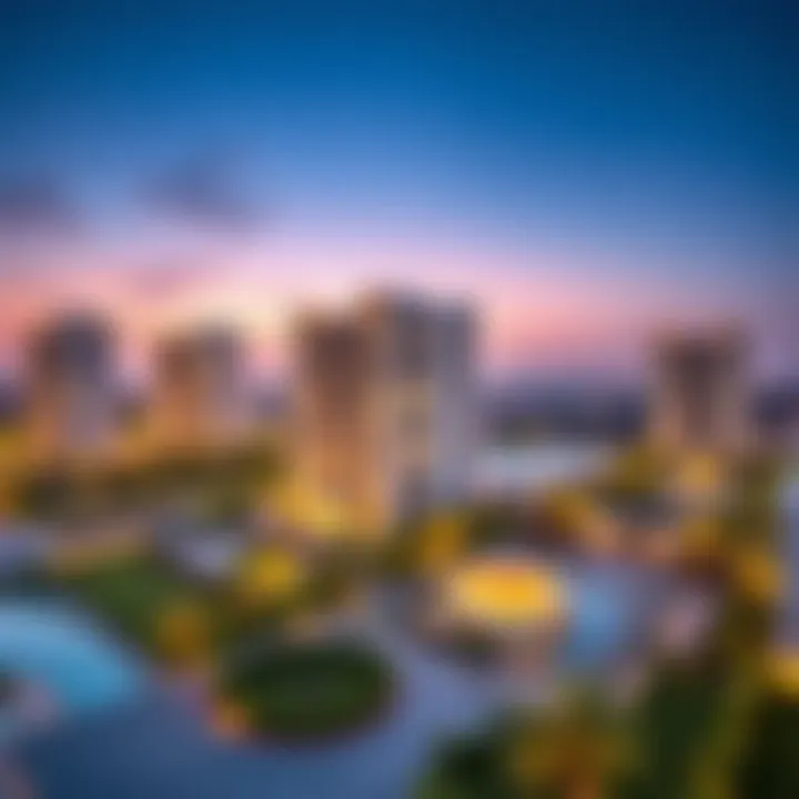 Aerial view highlighting the strategic location of Pond View Residence in Dubai