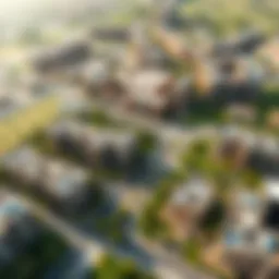 Aerial view of Town Square community showcasing residential buildings and green spaces